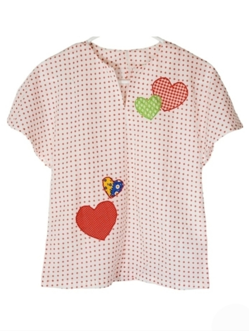 K1266 * Girls Polka Dot Heart Appliqué Top Size Unknown Handmade Vintage